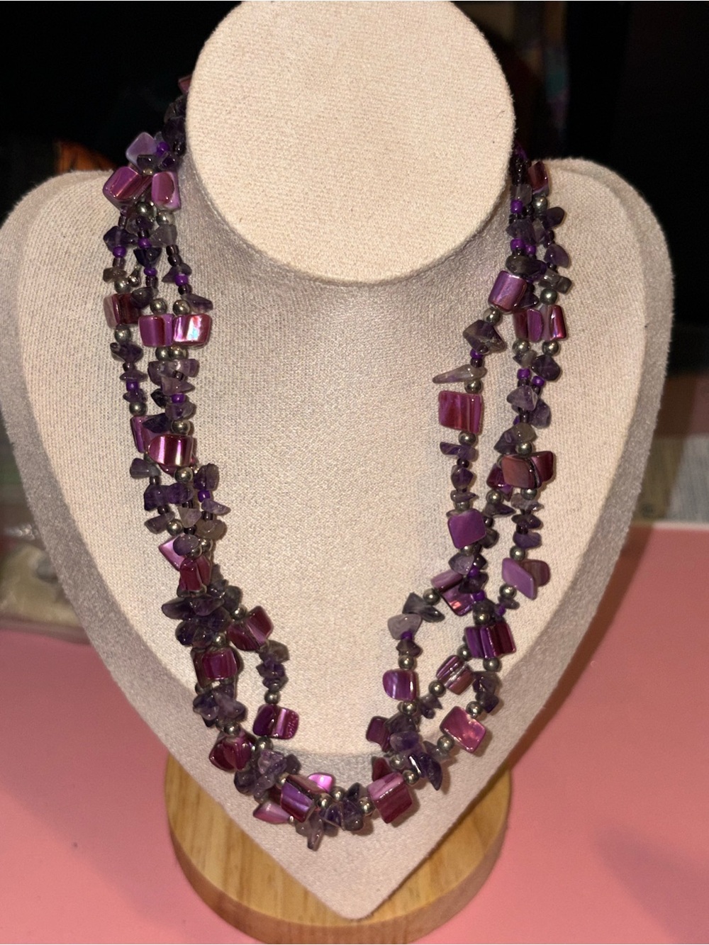 Purple Amethyst & Shell Beaded Multi-Strand Statement Necklace Boho